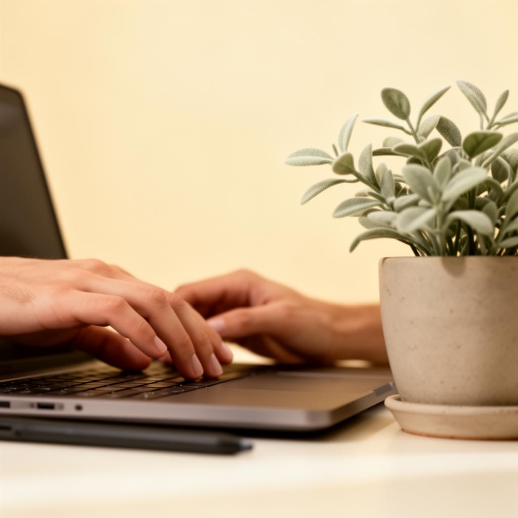 Ambiente de trabalho tranquilo com laptop e planta